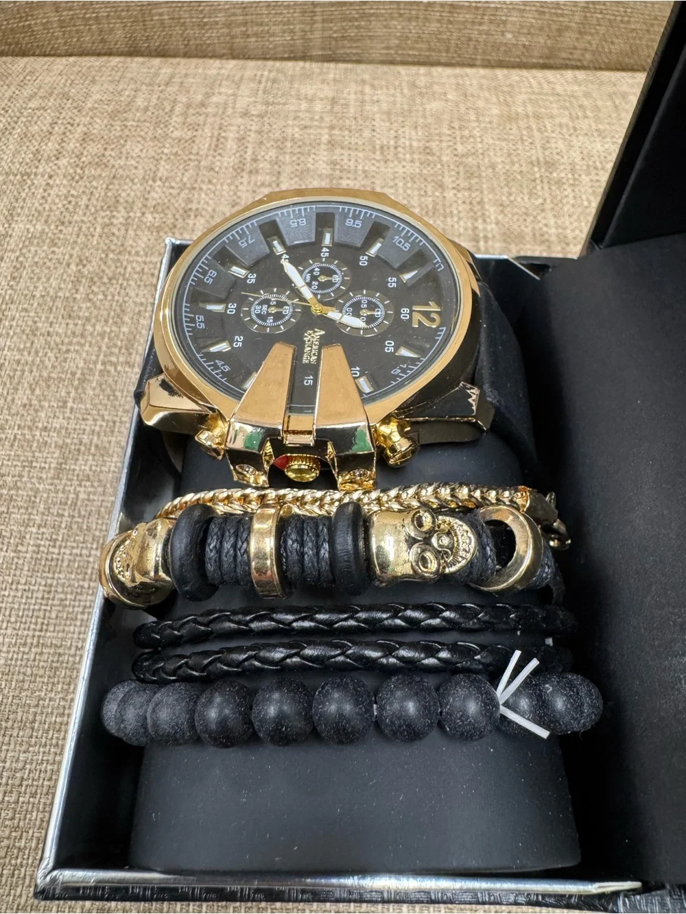 American Exchange Men's 5-Piece Watch & Bracelet Set Black/Gold Skull